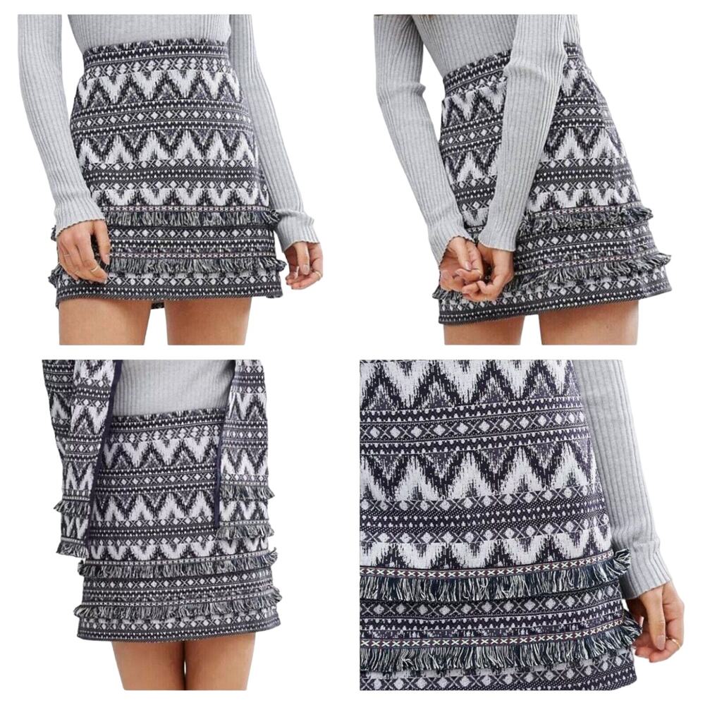 ASOS Oasis Womens Size L Blue White Jacquard Knit Sweater Skirt Stretchy Pull On